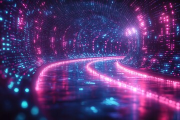 Leinwandbilder - Futuristic Digital Landscape with Neon Lines and Binary Code in Cyberpunk Style
