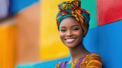 Wall Mural - Beautiful African Woman Wearing Colorful Headscarf and Dress