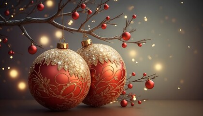 Two sparkling Christmas balls in glittery red and gold dangle from a branches with ornaments, illuminated by a warm, glowing lights on pastel background, snowfall, holiday spirit