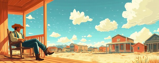 Flat design of a cowboy sitting on a porch in a farm town, triadic colors, animated clouds drifting in the sky, cowboy porch, flat animation