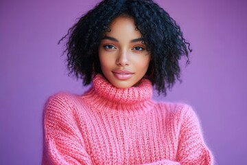 Young happy Afro American woman in pink sweater smiling at camera on lavender background