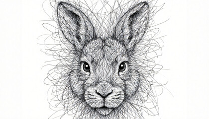 Wall Mural - A black and white pencil sketch of a majestic rabbit face. White background