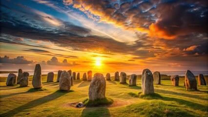 Wall Mural - Sunset over the ancient megalithic monument Ale's Stones in Sweden , Sweden, sunset, view, ancient, megalithic