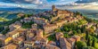 Aerial view of Montepulciano, Tuscany, Italy with winding streets and historic buildings