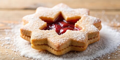 Wall Mural - Close up of bell shaped Linzer Christmas cookie filled with strawberry jam, Linzer, Christmas cookie, Strawberry jam