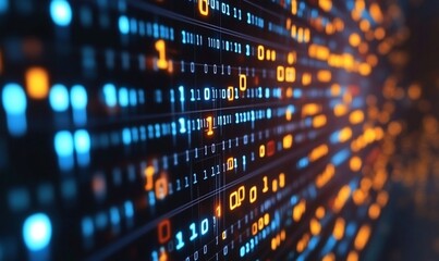 Abstract digital data stream with glowing binary code.