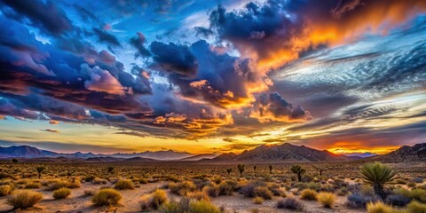 Wall Mural - cloudy sunset over mojave desert, a stunning blend of colors and textures, sunset, clouds, sky, dese