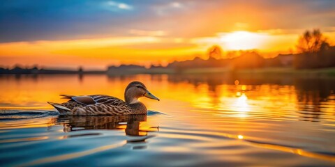 Wall Mural - Duck swimming in calm water at sunset in a wildlife nature reserve, wildlife, nature, reserve, sunset, duck, water, swimming