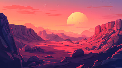 Mars rugged landscape with rocky terrain, red sand dunes, and towering cliffs under the soft pink glow of the martian sky. Dawn. Illustration