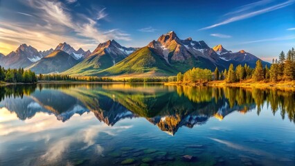 Wall Mural - Serene panoramic landscape of majestic mountain range reflecting in tranquil lake, nature, panorama, landscape, mountains