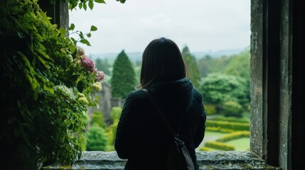 Wall Mural - 緑豊かな庭園の中で瞑想する女性の瞬間