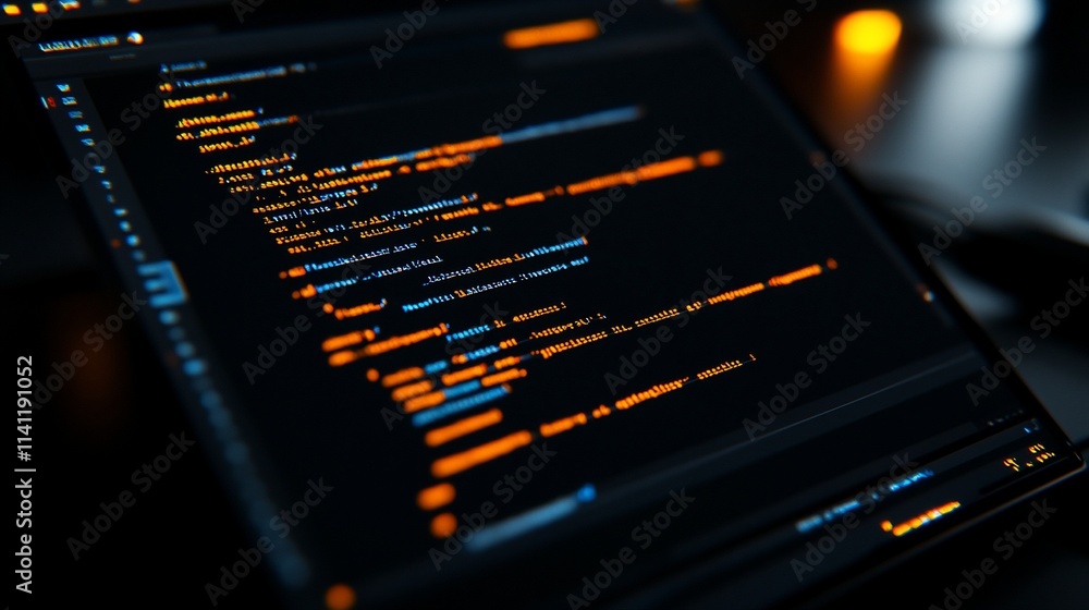 Close-up of laptop screen displaying lines of code in dark ambiance ...