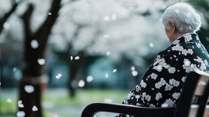 Wall Mural - 春の桜の中で年配の女性の穏やかな姿