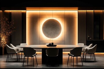 Aufkleber - Modern Dining Room with Minimalist Furniture, Large Round Table, Geometric Wall Art and Ambient Lighting