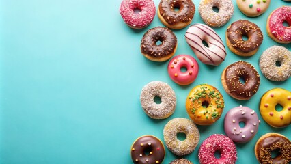 Wall Mural - assorted donuts on pastel blue background, pastry, indulgence,  pastry, indulgence, brunch, sprinkles, bakery, dessert table