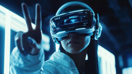 Women wearing VR goggles posing finger pointing and touching on the air connecting to internet metaverse system with holographic screen
