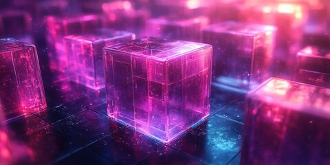 Aufkleber - Futuristic Abstract Composition with Transparent Reflective Cubes in Soft Blue and Purple Light
