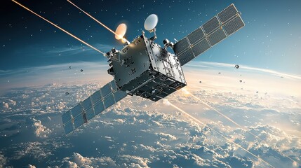 Leinwandbilder - Satellite emits signals in orbit for electronic standards aerial view technological communication in space global perspective on signal transmission