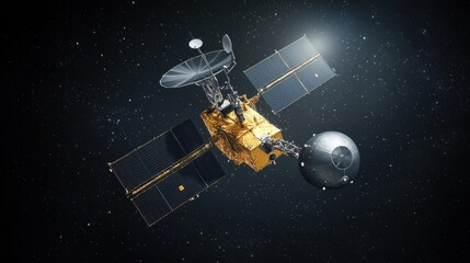 Fototapete - Satellite emitting signals for electronic standards in orbit space environment technology concept for communication systems
