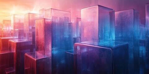 Futuristic Abstract Glass Shapes in Blue and Purple with Backlighting and Depth
