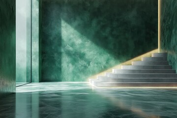Poster - Minimalist interior with teal wall and geometric floor design clean elegant space