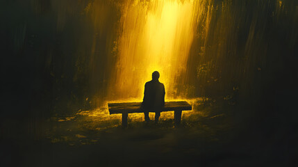 Poster - A figure sitting on a wooden bench, their head tilted back as golden light breaks through the surrounding darkness