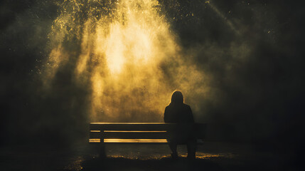 Poster - A figure sitting on a wooden bench, their head tilted back as golden light breaks through the surrounding darkness