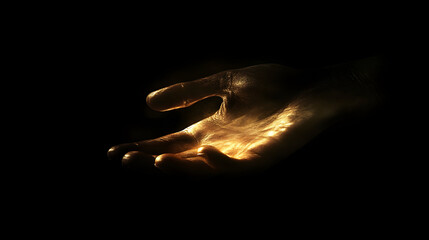 Leinwandbilder - A close-up of a hand reaching out of darkness, faint golden light illuminating their fingertips