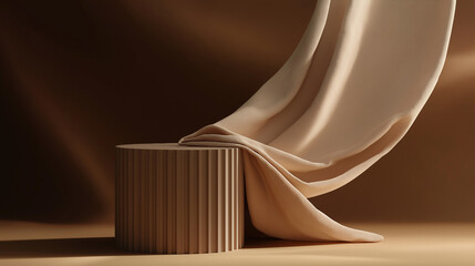 Poster - Beige silk cloth covering round wooden pedestal on brown background