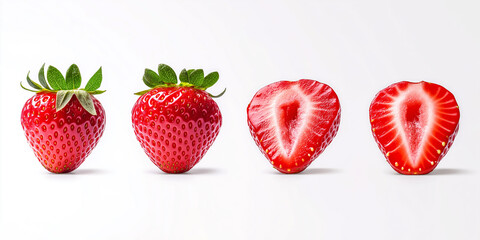 Wall Mural - Two whole strawberries and two halves on white background showing their fresh red interior