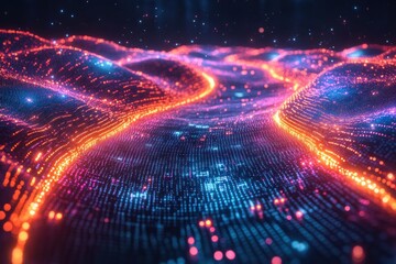 Aufkleber - Futuristic Digital Landscape with Neon Lines and Binary Code in Dark Background