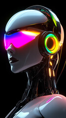 Aufkleber - Futuristic robot dj wearing headphones and glowing visor in virtual concert