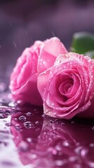 Poster - Two Pink Roses Glistening With Raindrops On Dark Background