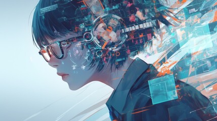  AI and cyber security threat illustration featuring a school student learning data coding and information technology. 