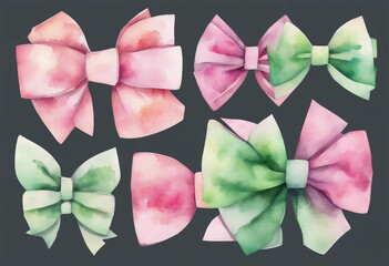 Wall Mural - Pink and green bow watercolor cut out element set