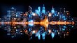 © aritha - A vibrant city skyline at night with reflections on water, showcasing urban beauty.