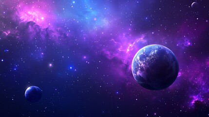 Wall Mural - abstract starry space scene with shining purple nebula, stardust, and realistic galaxy planet