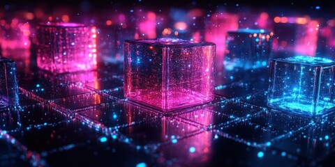 Aufkleber - Futuristic Abstract 3D Cubes with Dynamic Blue and Purple Lighting on Dark Background