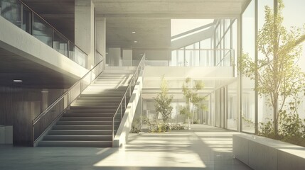 Wall Mural - sunlit modern building interior with staircase, plants, and large windows.
