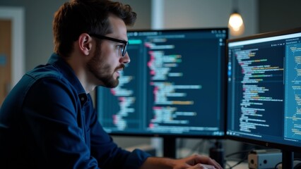 The image shows a young man sitting in front of two computer monitors in a dark room. He is wearing a blue shirt and glasses and appears to be focused on his work.