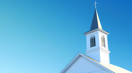 Wall Mural - A white church steeple against a clear blue sky, symbolizing faith and spirituality. Spire. Illustration
