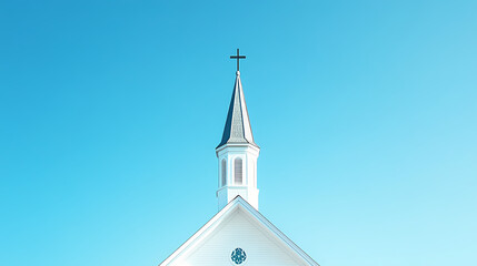 Wall Mural - A white church steeple against a clear blue sky, symbolizing faith and spirituality. Spire. Illustration