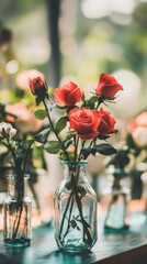 Wall Mural - Red Roses in a Small Glass Vase