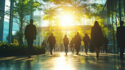 Wall Mural - Modern Office Atrium with Natural Light Greenery and People Walking Eco Friendly Concept Image