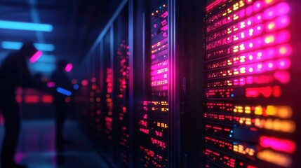 Leinwandbilder - A server room with technicians calibrating high-performance storage systems, illuminated by vibrant LEDs