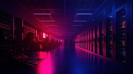 Leinwandbilder - A server room with technicians calibrating high-performance storage systems, illuminated by vibrant LEDs