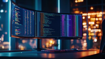A programming workspace featuring code for AI algorithms displayed on a curved monitor setup
