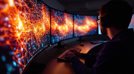 Aufkleber - A high-angle view of engineers working on neural network simulations projected on curved monitors