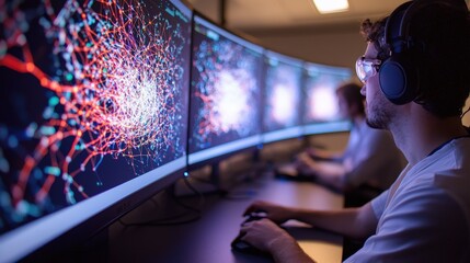 Aufkleber - A high-angle view of engineers working on neural network simulations projected on curved monitors