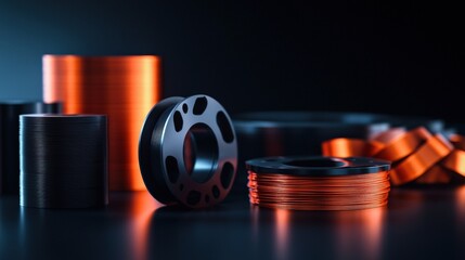 Aufkleber - A printed mechanical part displayed alongside filament spools and a futuristic printer